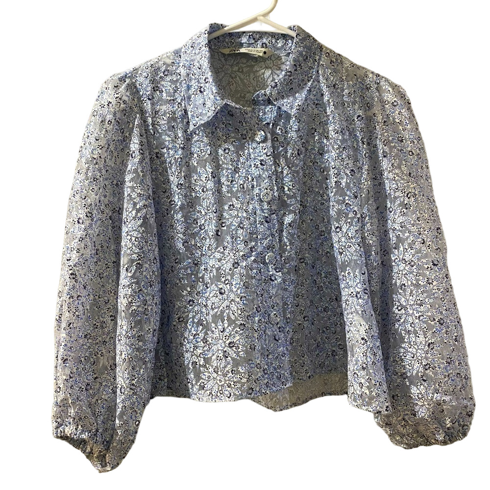 Zara Puff Sleeve Organza  Button
Down Blue floral see through Blouse S